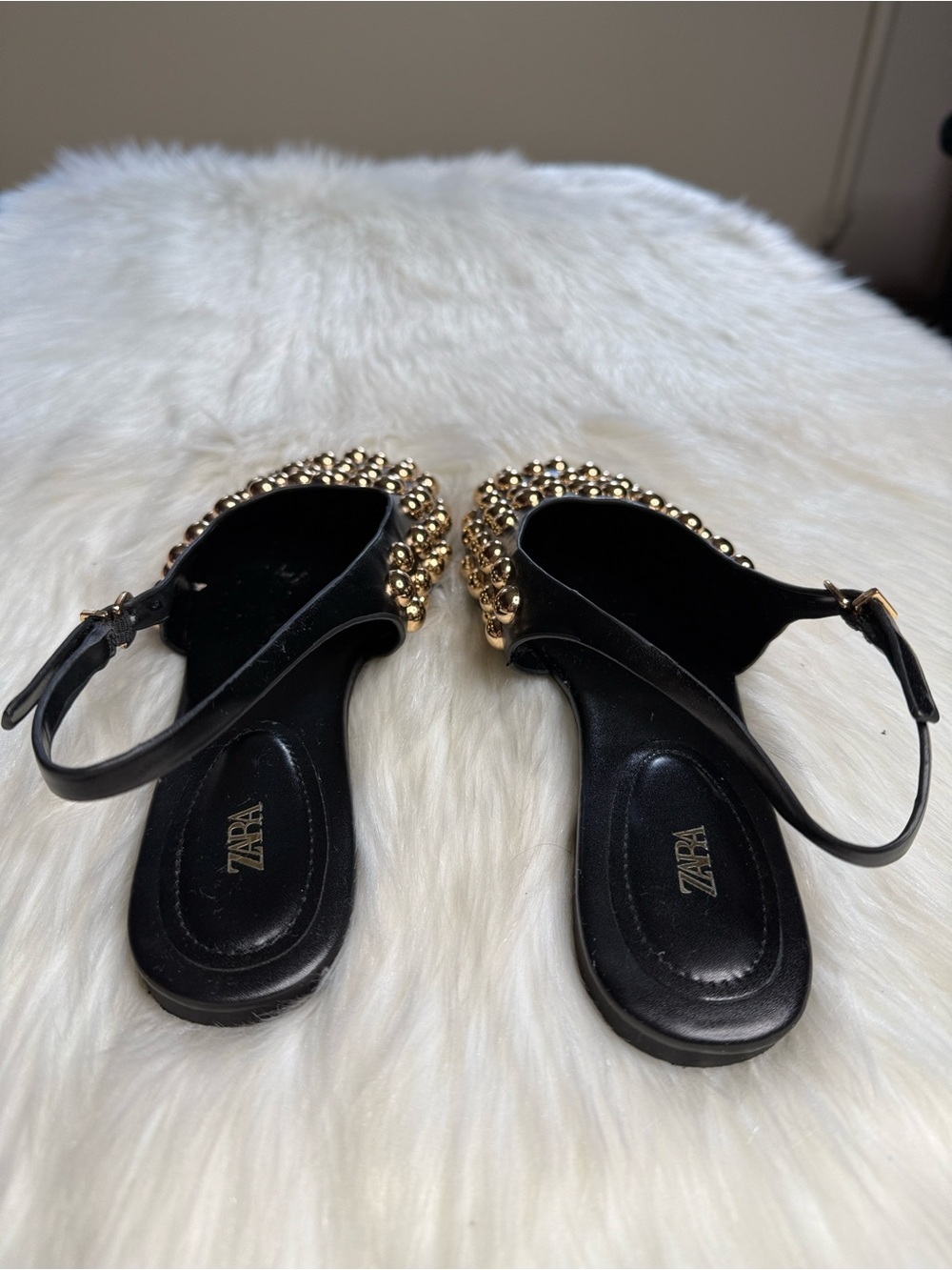 Zara Black Flat Slingback Sandal with Gold Studs - Picture 5 of 7